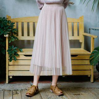 Accordion Pleat Midi Mesh Skirt Pink - One Size