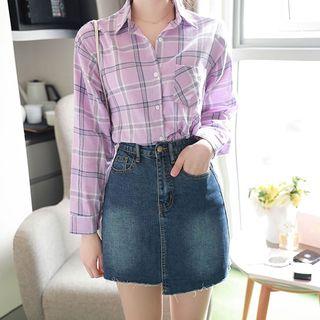 Pocket-front Plaid Shirt Purple - One Size