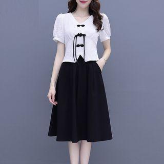 Set: Short-sleeve Frog-button Cropped Blouse + Midi A-line Skirt