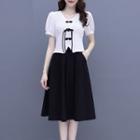 Set: Short-sleeve Frog-button Cropped Blouse + Midi A-line Skirt
