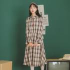 Plaid Peter Pan Collar Tie-neck Long-sleeve Dress