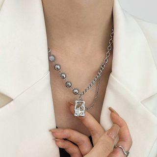 Faux Crystal Geometric Pendant Beaded Necklace Silver - One Size