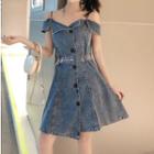 Short-sleeve Cold Shoulder Asymmetric Buttoned Denim A-line Mini Dress