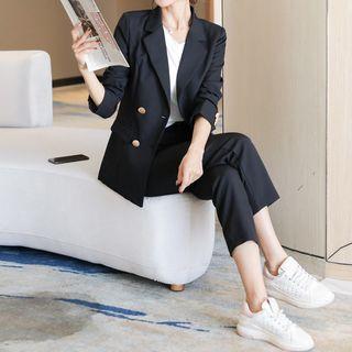 Set: Plain Double-breasted Blazer + Straight Leg Cropped Pants