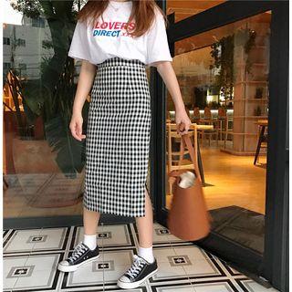 Check Side-slit Midi Pencil Skirt