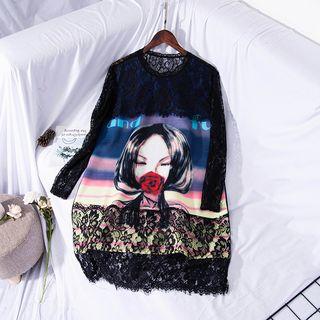 Printed Long-sleeve Lace Dress