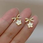 Bow Rhinestone Drop Earring 1 Pair - 925 Silver Stud - Gold - One Size