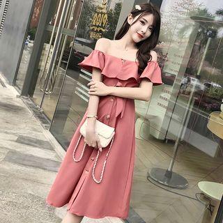 Off Shoulder Buttoned A-line Dress