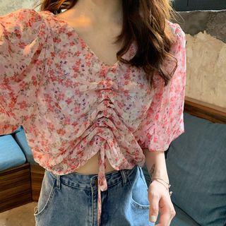 Flower Print Drawstring Puff-sleeve Chiffon Blouse