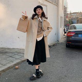 Woolen Toggle Coat + Plain Shirt + Patterned Vest + Plain Skirt