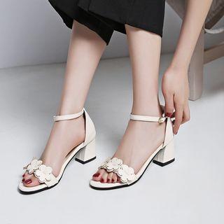 Flower Ankle Strap Block Heel Sandals