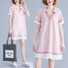 Contrast Trim Short-sleeve Collared Dress Pink - One Size