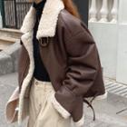 Fleece-lined Zip-up Faux Leather Jacket