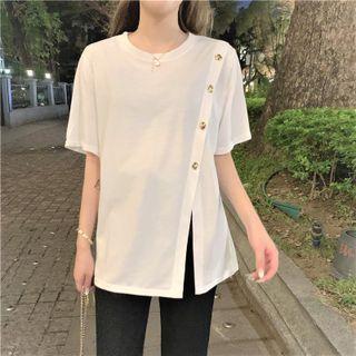 Short-sleeve Button-up T-shirt / Front-slit Boot-cut Pants