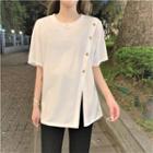 Short-sleeve Button-up T-shirt / Front-slit Boot-cut Pants