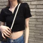 V-neck Lace Cropped T-shirt Black - One Size