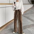 Long-sleeve Plain T-shirt / Leopard Print Wide Leg Pants