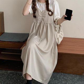 Mock Two-piece Puff-sleeve Shirred Midi A-line Dress