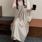 Mock Two-piece Puff-sleeve Shirred Midi A-line Dress