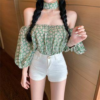 Off-shoulder Floral Cropped Chiffon Top