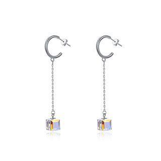 925 Sterling Silver Square Earrings With Austrian Element Crystal Silver - One Size