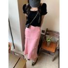 Puff-sleeve Shirred Top / Frill Trim Floral Midi Skirt
