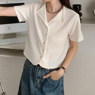 Short-sleeve Textured Button-up Top