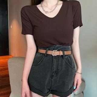Short-sleeve Plain T-shirt / Denim Shorts / Belt / Set