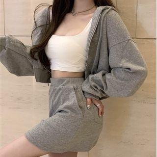 Cropped Hooded Zip Jacket / Tank Top / Mini A-line Skirt