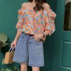 Elbow-sleeve Floral Print Off-shoulder Blouse As Shown In Figure - One Size