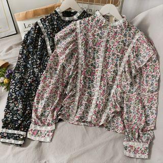 Mock-neck Ruffled-trim Floral Top