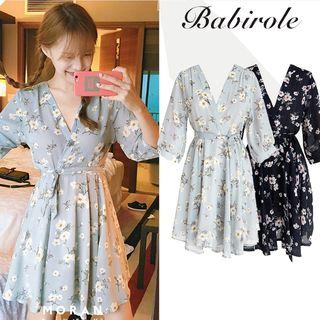 Elbow-sleeve Floral Print Tie-waist Loose-fit Chiffon A-line V-neck Sheath Dress