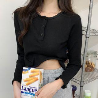 Long-sleeve Plain Henley Cropped Top
