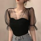 Elbow-sleeve Mesh Paneled Knit Top