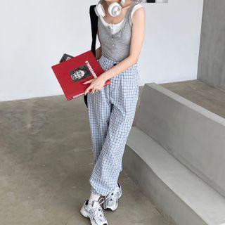Mock Two-piece Tank Top / Plaid Cropped Harem Pants