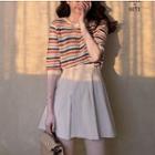 Set: Short Sleeve Striped Top + Pleated A-line Skirt