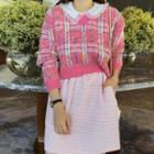 V-neck Plaid Cropped Sweater Pink - One Size