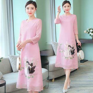3/4-sleeve Embroidered Midi A-line Qipao Dress