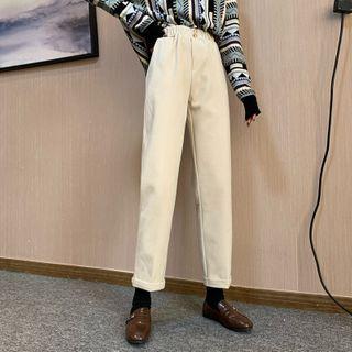 Elastic-waist Woolen Straight-cut Pants