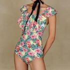 Cap-sleeve Floral Swimsuit