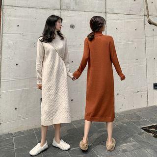 Turtle-neck Cable-knit Midi A-line Sweater Dress