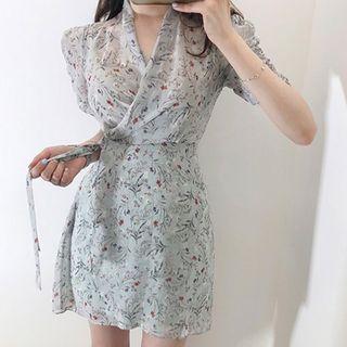 Floral Print Short-sleeve Wrap Chiffon Dress