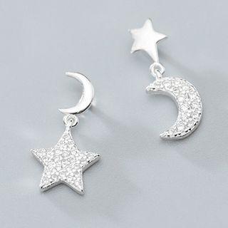 Moon & Star Rhinestone Sterling Silver Dangle Earring 1 Pair - S925 Silver - Silver - One Size
