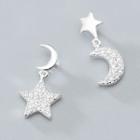 Moon & Star Rhinestone Sterling Silver Dangle Earring 1 Pair - S925 Silver - Silver - One Size