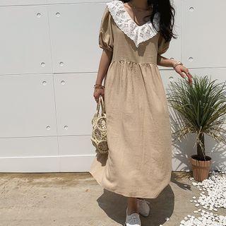 Lace-collar Linen Blend Long Dress