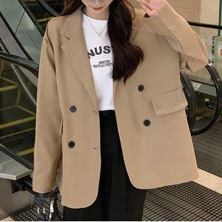 Plain Double-breasted Blazer Khaki - One Size