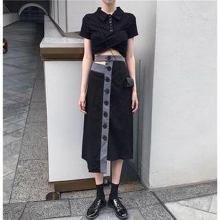 Lettering Short-sleeve Crop Top / Contrast Trim Midi A-line Skirt