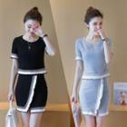 Set: Striped Short-sleeve Top + Front Slit Pencil Skirt