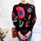 Floral Patterned Sweater Black - One Size