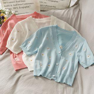 Daisy-embroidered Button-down Crop Knit Top